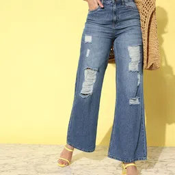 The Roadster Lifestyle Co. Women Wide Leg High-Rise Highly Distressed Pure Cotton Jeans-picture-12