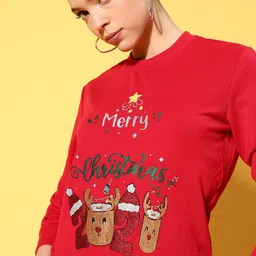SASSAFRAS Women Red & Silver Toned Typography Printed Sweatshirt-image-5