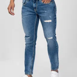 Spykar Mid Blue Cotton Regular Fit Distressed Jeans image 3
