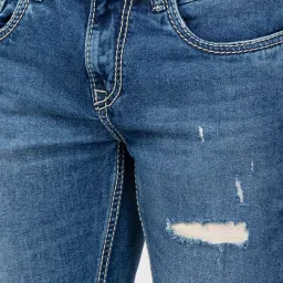 Spykar Mid Blue Cotton Regular Fit Distressed Jeans image 4