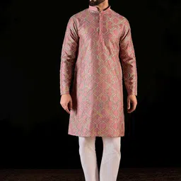 Anouk Peach Geometric Embroidered Mandarin Collar Sequinned Pure Silk Straight kurta-image-22