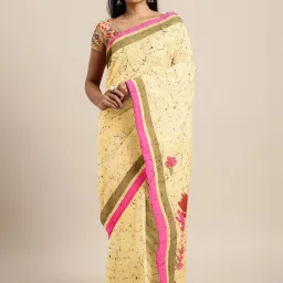 Kalakari India Beige Cotton Printed Saree With Unstitched Blouse image 1