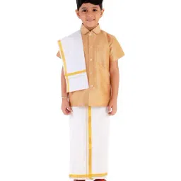 VASTRAMAY Kids Rose Gold & White Shirt Mundu Set-image-41