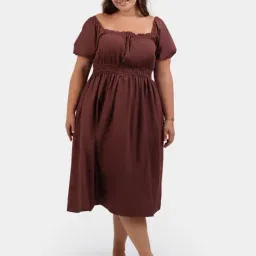 VIRGIO Coffee Brown Flared Fit Solid Dress-picture-12