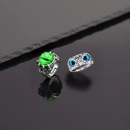 Teeragaj Unisex Set Of 2 Stainless Steel Stones Studded Owl & Evil Eye Finger Rings-picture-36