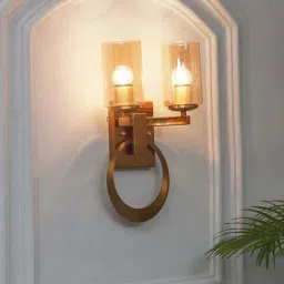 Kapoor Lamp Shades Pegasus 2 Light Wall Fitting In Brass Finish With Amber Glass Shade image 3