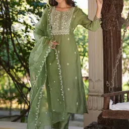 Janasya Sage Green Embroidered Kurta Bottom Dupatta Set-picture-11