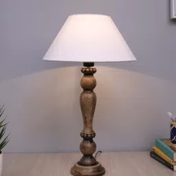 Homesake Eureka White & Brown Wooden Table Lamp with Bulb - Set of 1 image 1