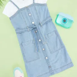 Pantaloons Junior Girls Arctic Ice & White Cotton Solid Casual Dresses-picture-29