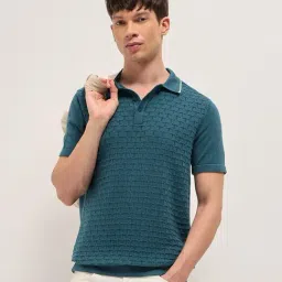 The Bear House Teal Cotton Woven Design Regular Fit Polo T-Shirt-picture-22
