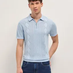 The Bear House Blue Cotton Woven Design Regular Fit Polo T-Shirt-image-64
