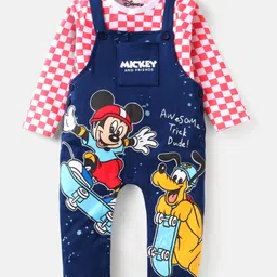 Babyhug Disney Single Jersey Knit Dungaree & Full Sleeves Checks T-Shirt With Mickey Mouse Graphics - Blue & Red-picture-26