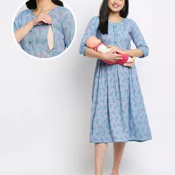 True Shape Three Fourth Sleeves Floral Printed Maternity Kurta With Concealed Zipper Nursing Access - Sky Blue-image-85
