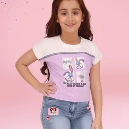 Cutecumber Cotton Half Sleeves Bunny Printed Colour Blocked Top - Purple-picture-10