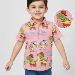 Babyhug 100% Cotton Knit Half Sleeves Beach Theme Printed Shirt - Pink-picture-25