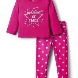 Babyhug Cotton Knit Full Sleeves Night Suit with Star Print - Dark Pink-picture-27