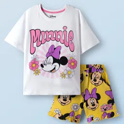 Honeyhap Disney Single Jersey Knit Oversize Drop Shoulder Half Sleeves Shorts Night Suit with Minnie Mouse Graphics - White & Yellow-picture-17