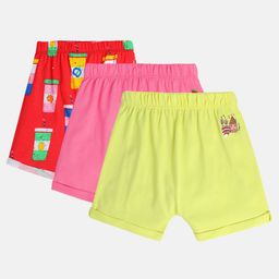 MINI KLUB Cotton Woven Pack Of 3 Solid & Drinks Printed Shorts - Yellow Pink & Red-picture-35