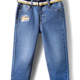Babyhug Denim Full Length Washed Embroidered Jeans With Stretch & Belt - Blue-picture-30