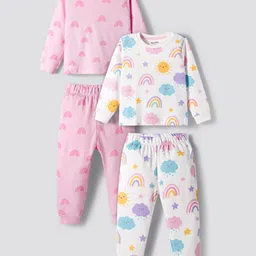 Bonfino 100% Cotton Knit Full Sleeves Co-ords Night Suit With Rainbow Print Pack Of 2 - Pink & White-picture-25