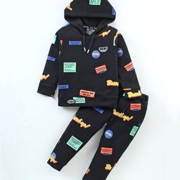 Dapper Dudes Full Sleeves Typography Printed Hooded Sweatshirt & Coordinating Track Pants Set - Black-picture-48