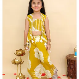 AJ Dezines Cotton Woven Sleeveless Floral Printed Gota Lace Embellished Top With Attached Shrug & Coordinating Pant Set - Mustard-picture-39