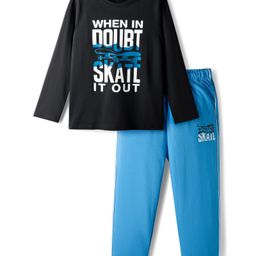 Honeyhap 100% Cotton Full Sleeves Text Printed Night Suit With Bio Finish - Black Beauty & Brilliant Blue-picture-11