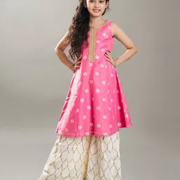 Bitiya By Bhama Silk Woven Sleeveless Ethnic Floral Printed Kurta Sharara Set - Pink-image-81