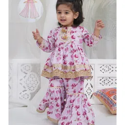 Little Bansi 100% Cotton Woven Full Sleeves Lotus Printed Kurti Sharara With Dupatta Set - Pink-picture-16