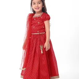 Babyhug WovenShort Puff Sleeves Foil Printed Choli Lehenga & Dupatta Set With Embroidery Lace & Tassle Detailing -Red image 2