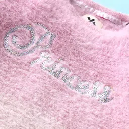 Yellow Apple Knitted Full Sleeves Pullover Sweater with Sequin Embroidery & Fur Detailing - Light Pink image 3