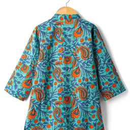 Babyhug Cotton Woven Full Sleeves Kurta Pajama Set With Floral Print - Turquoise image 3