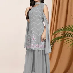 PARROT CREATION Floral Embroidered Sequinned Georgette A-Line Kurti With Sharara & Dupatta-picture-24
