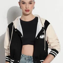 SHOWOFF Women Hooded Colourblocked Casual Varsity Jacket-picture-29