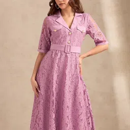 Outzidr Women Floral Lace Shirt Collar Midi Dress-image-85