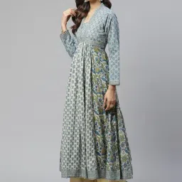 Divena Off-White & Blue Cotton Embellished A Line Kurta image 3