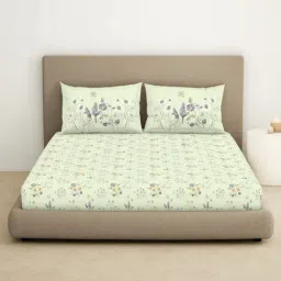 Spaces Floral Green 144 TC Cotton King Bedsheet With 2 Pillow Covers-image-82