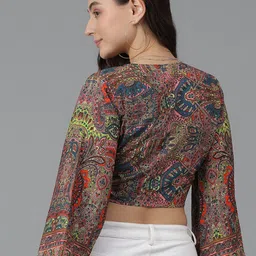 Stylecast X Kotty Floral Print Tie-Up Neck Cotton Crepe Crop Top image 3