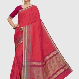 Satrani Pink & Red Woven Saree With Unstitched Blouse image 1