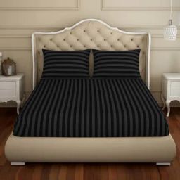 Spaces Black Cotton 210 TC King Fitted Bedsheet With Pillow Covers-picture-25