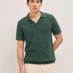 The Bear House Green Cotton Woven Design Regular Fit Polo T-Shirt image 1