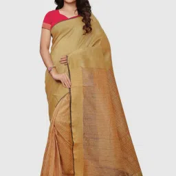 Satrani Beige Striped Saree With Unstitched Blouse image 1