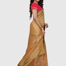 Satrani Beige Striped Saree With Unstitched Blouse image 4