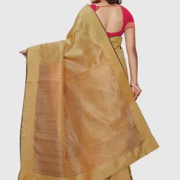 Satrani Beige Striped Saree With Unstitched Blouse image 2
