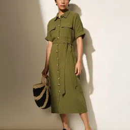 Only Olive Cotton Solid Shirt Dress image 3