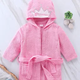 Babyhug Woven Terry Full Sleeves Hooded Bath Robe Princess Patch - Pink-image-90