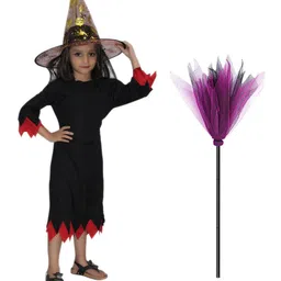 kaku fancy dresses Kaku Fancy Dress Theme Three Fourth Sleeves Scary Halloween Witch Dress With Hat & Broomstick - Black-picture-28