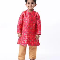 Babyhug Woven Full Sleeves Brocade Kurta With Payjama Set - Dark Pink-picture-13
