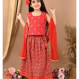 Kinder Kids Sleeveless Floral Printed & Embroidered Lehenga With Choli & Dupatta - Red-picture-15