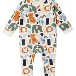 My Milestones 100% Cotton Full Sleeves Animals Printed Romper With Two Way Zipper - Cream-picture-22